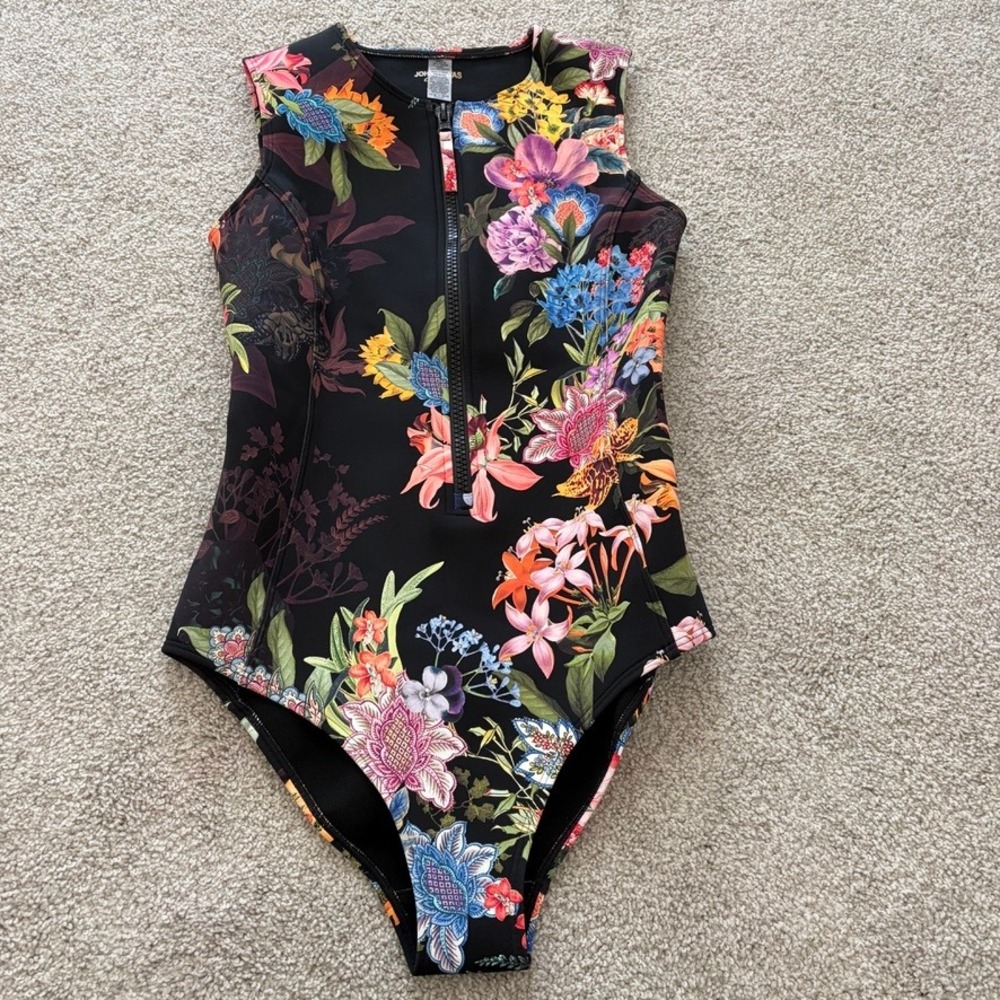 Johnny Was One Piece Swimsuit Womens S Black Pink Floral Neoprene Rashguard Zip
